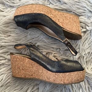 Jimmy Choo Praise Peep Toe Navy Blue Denim Sling Back Cork Wedge Sandals EUC 38